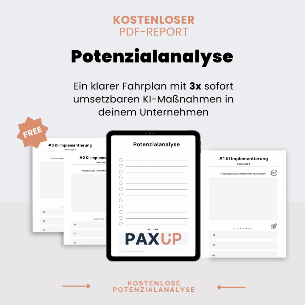 PAXUP kostenloser PDF-Report Potenzialanalyse – 3 sofort umsetzbare KI-Maßnahmen für Unternehmen